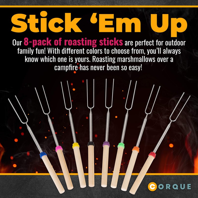 CORQUE Marshmallow Roasting Sticks, Smores Sticks, Extendable, Camping Skewer for Fire Pit, Wooden Handle, 32inch Metal for BBQ Hotdog, Cooking, Campfires, Bonfires, Set of 8 - Image 2